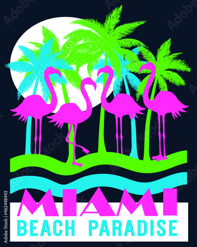 Tropical beach shirt print design. palms and flamingos sunset vintage art. eighties neon style.