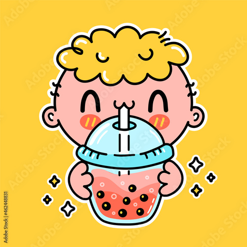 Cute funny boy drink bubble tea from cup. Vector hand drawn cartoon kawaii character illustration sticker logo icon. Asian boba, boy ande bubble tea drink cartoon character poster concept