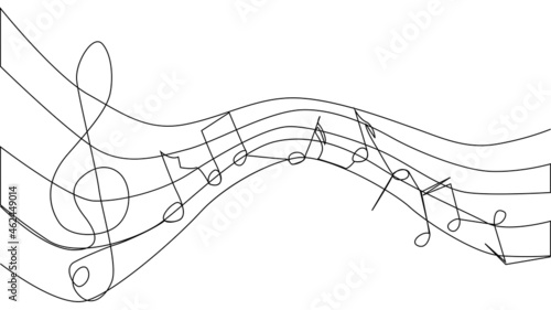 A treble clef and notes are drawn by a single black line on a white background. Continuous line drawing. illustration.