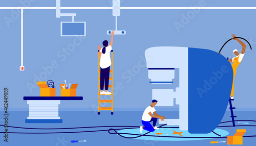 Workers (technicians) are installing a LINAC (medical linear accelerator) in the treatment room of a hospital. Vector flat colorful  illustration.  photo