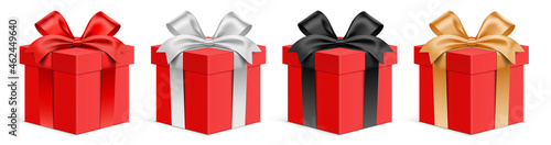 Vector set of red gift boxes with different color ribbons. Realistic 3D giftbox, isolated on background.