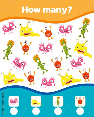 Math colorful game for kids. How many cute monsters are there.