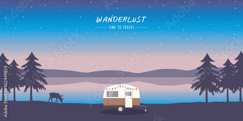 wanderlust camping adventure in the wilderness with camper and deer