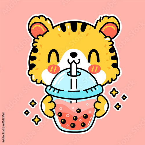 Cute funny tiger drink bubble tea from cup. Vector hand drawn cartoon kawaii character illustration sticker logo icon. Asian boba, bubble tea drink cartoon character poster concept
