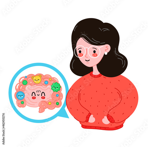 Cute happy smile young woman with healthy funny intestine. Vector flat cartoon illustration design. Isolated on white background. Healthy microflora intestine organ, probiotic, good bacteria concept
