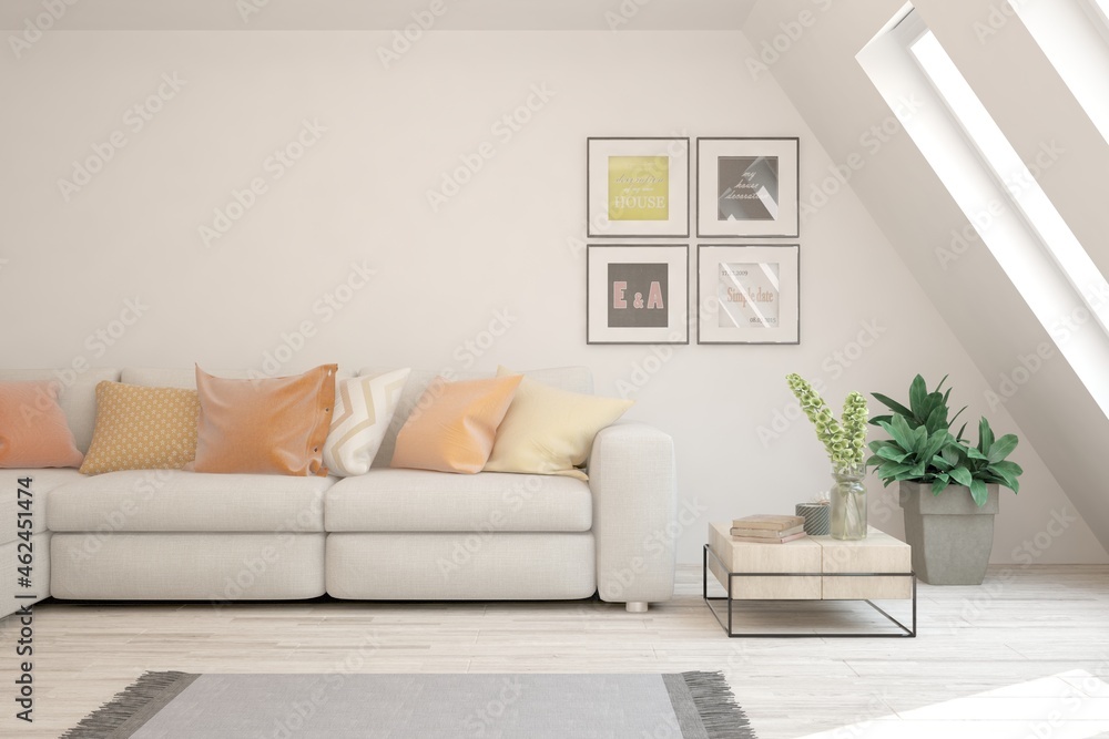 Fototapeta premium White living room with sofa. Scandinavian interior design. 3D illustration