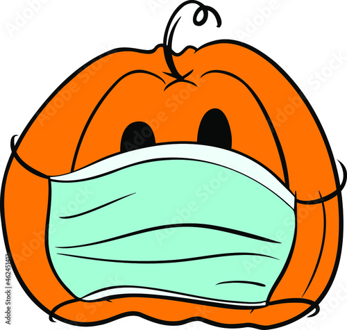 Cute orange pumpkin wearing a blue medical mask because of a worldwide pandemic. Hand drawn vector illustration. 