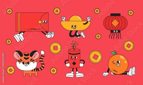 Year of the Tiger sticker pack or set. Cute tiger  gold ingot  smiling tangerine  red paper lantern and envelope and fireworks pin or emblem collection. Chinese new year funny comic characters.