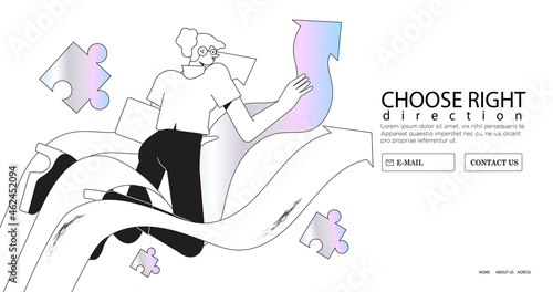 Thoughtful woman choose way concept. Start of career. Confident businesswoman thinking about the right path. Pathway selection dilemma. Vector illustration of female character riding arrow.