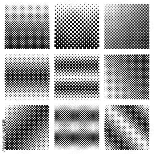 Collection Of Pixel Halftone Textures Vector Design. Set of geometric squares backgrounds.