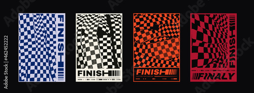 Meta modern aesthetics of Swiss Design Poster Collection. Finish Flag Texture Vector Illustration. Set of postmodern placards.
