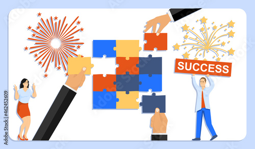 Successful work. A group of people of mini characters put together a puzzle. Successful completion of the assigned task. Vector illustration.