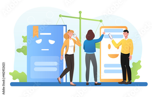 Paper Book vs E-book concept. People choose between classical version of literature and modern one. Smartphone wins. Online education. Cartoon flat vector illustration isolated on white background