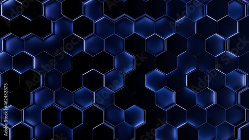 Futuristic  High Tech  dark background  with a hexagon block light. Wall texture with a 3D hexagon tile pattern. 3D render