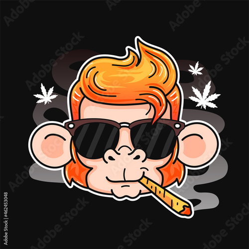 Cute smile funny monkey smoking weed joint. Vector cartoon character flat line illustration. Isolated on white background. Monkey, weed, cannabis, marijuana chill print design for poster, t-shirt