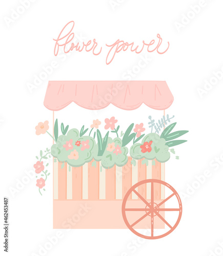 Stall counters with flowers vector hand drawn. Street local store vendor selling houseplants, bouquets. Shopping booth, wooden shopping counter.