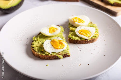 Avocado toast with eggs. Healthy snack and lunch. Ideal for a vegetarian diet.