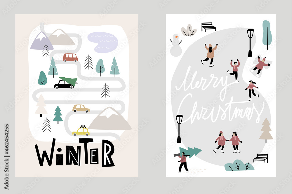 hello winter Christmas cards vector. People ice skating and little town. - obrazy, fototapety, plakaty 