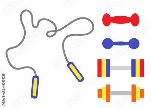 Set of sport and fitness equipment. Colorful dumbbells and skipping rope. Training and exercises accessories. Home and gym workout tools. Jumping rope. Healthy lifestyle concept. Flat style print. 