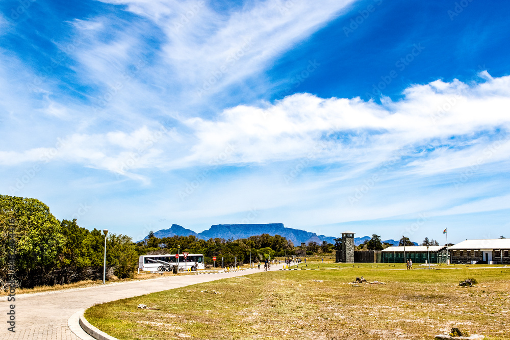 Landscape of Robben Island, the prison and the Table Mountain in the background, Cape Town, South Africa
