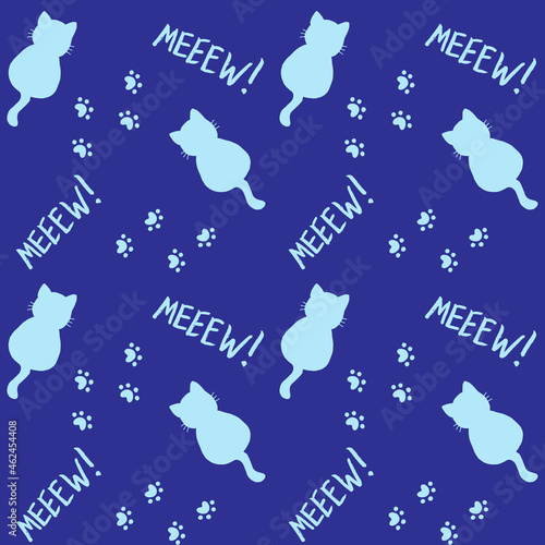 Cute seamless pattern with cats, steps and mew quote. Blue colors. Doodle cartoon style. Modern abstract design for packaging, paper, cover, fabric, cards, textile. Vector illustration. 