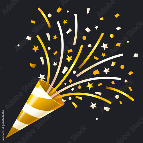 Exploding party gold popper on white background,  graphic on white background.