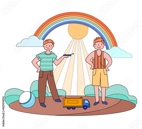 Radio controlled toy concept. Little boys hold remote control in their hands and control toy truck. interactive games for children. Cartoon flat vector illustration isolated on white background