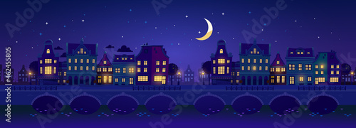 Vector illustration of silhouette of night city street with light window and bridge on dark blue sky background with cloud and shine moon. Flat style design