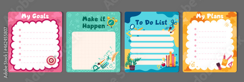 Kids stationery set with memo planners, to-do lists with cute illustrations, template for planners, day agenda, checklists. Vector flat illustration with colorful design