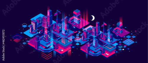 Vector illustration of neon color night city street with light on dark sky background with shine moon. Isometric style design