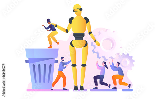 Large robot throws employees into trash. Droid replaces real people at work. Artificial intelligence has better performance than humans. Cartoon flat vector illustration isolated on white background