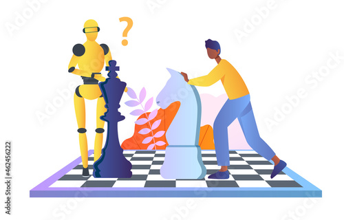 Man plays chess with robot concept. Male character made creative move with knight and confused artificial intelligence. Human defeated. Cartoon flat vector illustration isolated on white background