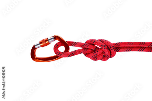 close-up view of red rope with knot and Orange carabiner isolated on white