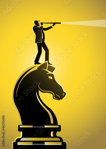 A businessman with telescope standing on chess knight
