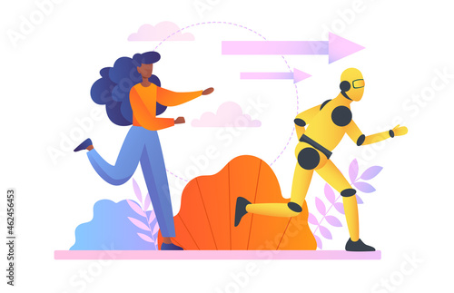 Battle between robot and human concept. Woman competes with droid in running speed and. Artificial intelligence has overtaken humans. Cartoon flat vector illustration isolated on white background