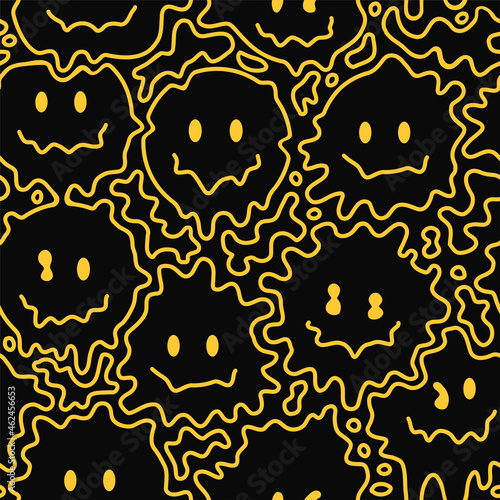 Funny melt smile faces seamless pattern. Vector hand drawn doodle cartoon character illustration.Smile faces melt, acid, trippy seamless pattern wallpaper print concept
