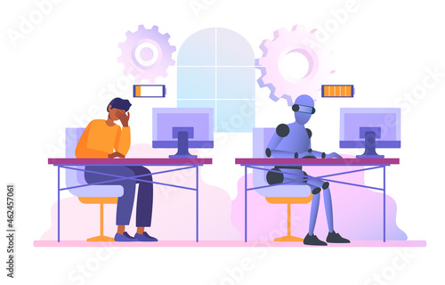 Robot and human comparisons concept. Male employee tired of tasks, and cyborg with full charge of energy. Artificial intelligence winning. Cartoon flat vector illustration isolated on white background