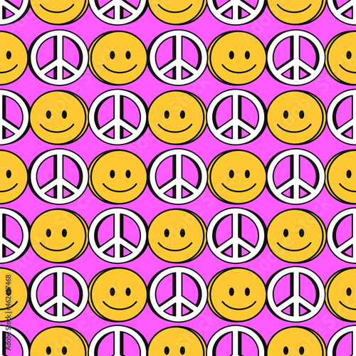seamless pattern. Vector hand drawn doodle 90s style cartoon character illustration. Smile face, peace symbol print for t-shirt,poster, card seamless pattern concept