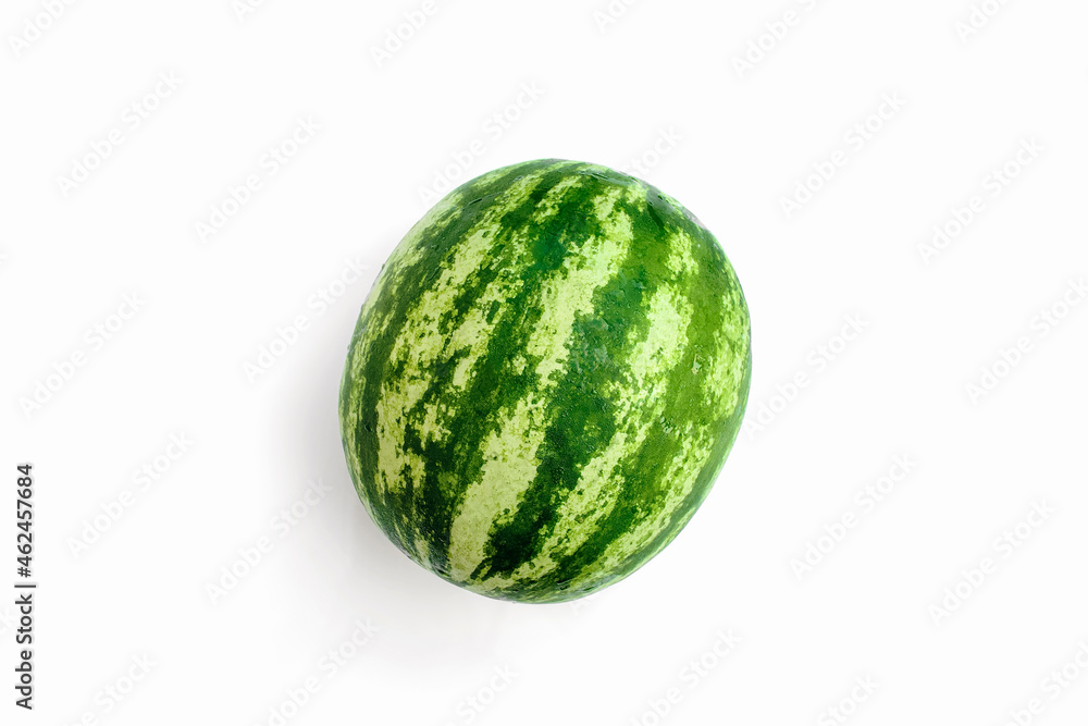 Whole striped wet watermelon isolated on white background. Top view, flat lay Whole striped wet watermelon isolated on white background. Top view, flat lay