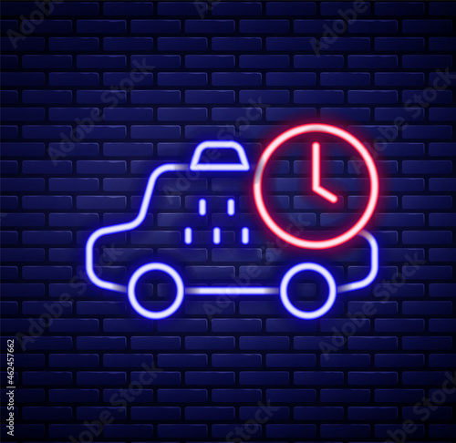 Glowing neon line Taxi waiting time icon isolated on brick wall background. Car deadline, schedule ride. Colorful outline concept. Vector