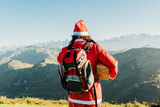 santa claus with backpack delivering gifts in remote places.