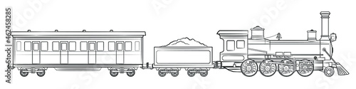 Steam train - illustration of vintage locomotive with tender and railroad car.