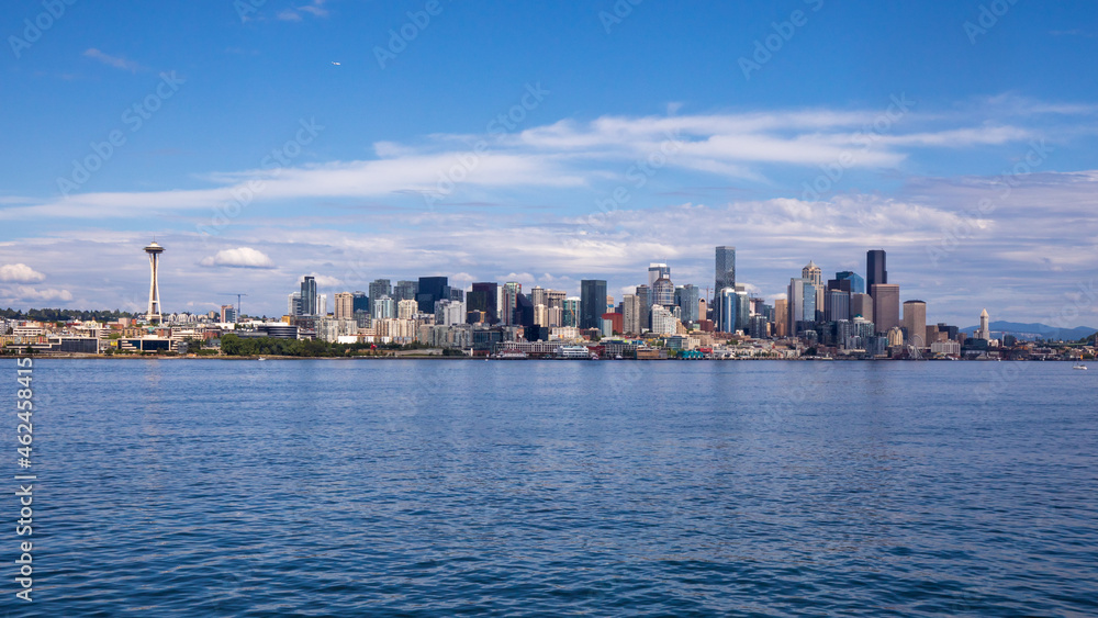 Fototapeta premium Seattle skyline during summer. View from Elliott Bay. Space Needle. Washington state. 