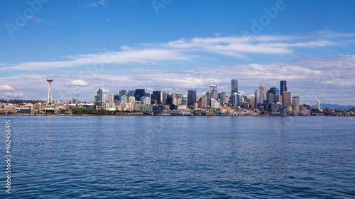 Seattle skyline during summer. View from Elliott Bay. Space Needle. Washington state. 