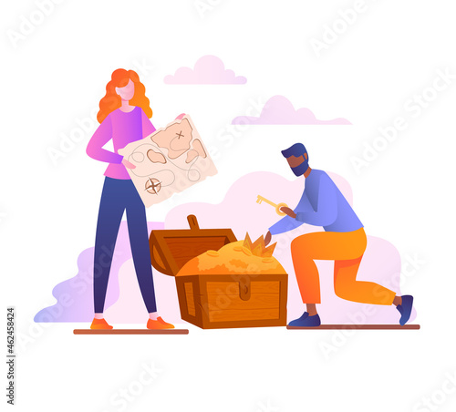 Quest room concept. Woman holds card in her hands, and man opens treasure chest with help of found key. Friends solve puzzles. Cartoon modern flat vector illustration isolated on white background