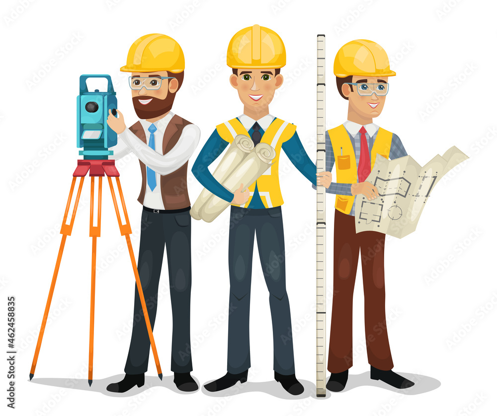 Engineering team. Civil engineer, surveyor and architect isolated vector illustration.
Engineering team. Civil engineer, surveyor and architect isolated vector illustration.