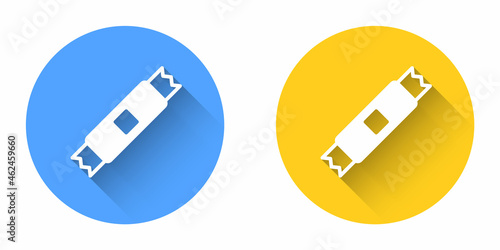 White Sugar stick packets icon isolated with long shadow background. Blank individual package for bulk food products as coffee, salt, spices. Circle button. Vector