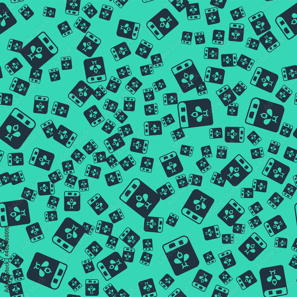 Black Book about bee icon isolated seamless pattern on green background. Sweet natural food. Honeybee or apis with wings symbol. Flying insect. Vector Black Book about bee icon isolated seamless pattern on green background. Sweet natural food. Honeybee or apis with wings symbol. Flying insect. Vector
