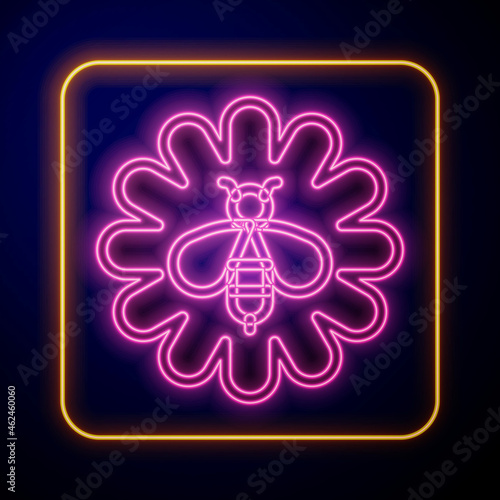 Glowing neon Bee on flower icon isolated on black background. Sweet natural food. Honeybee or apis with wings symbol. Flying insect. Vector