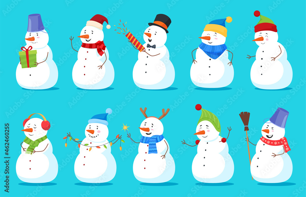 Cute Christmas snowman set vector flat illustration. Collection of childish winter character